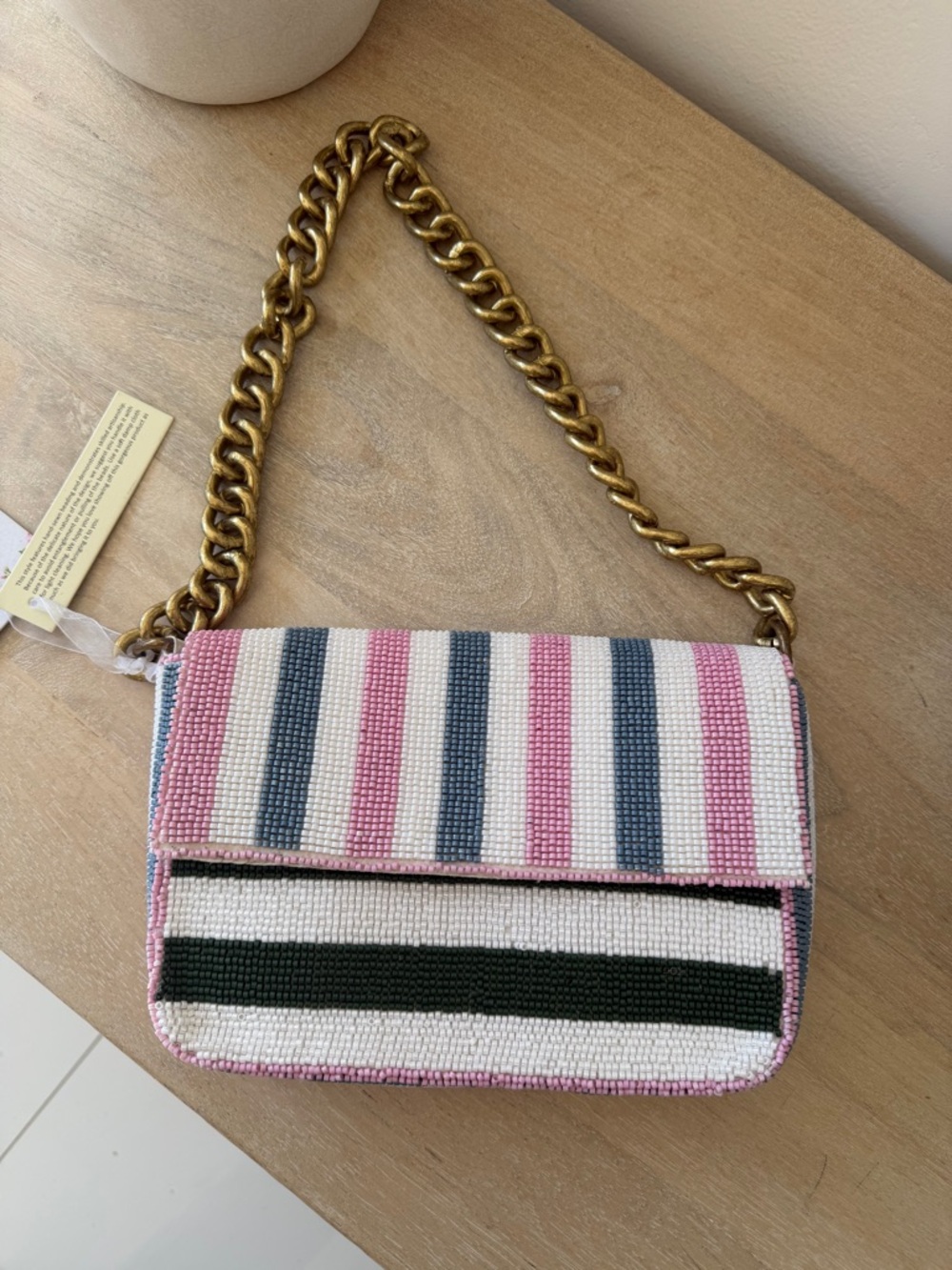Viral Famous Beaded Stripe Shoulder Bag in Pink, White & Dark Green - Picture 2 of 15